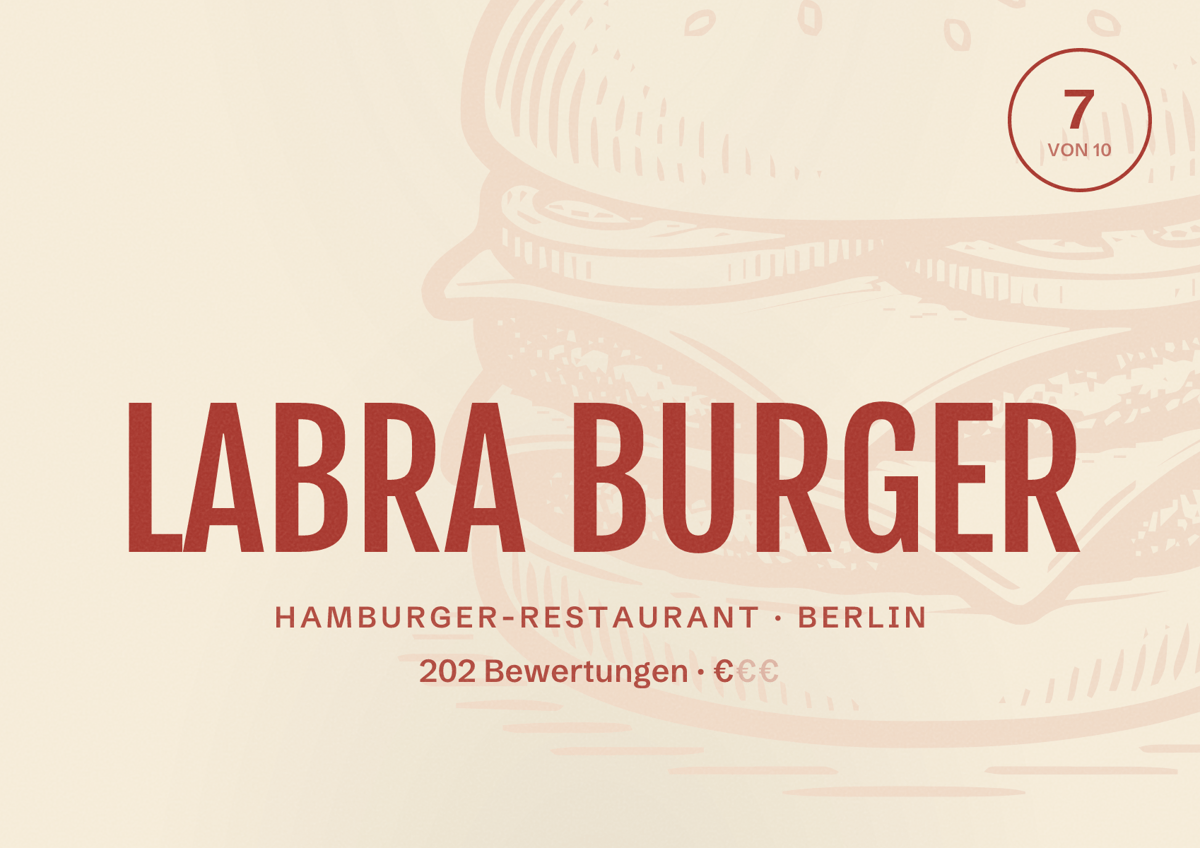 Illustriertes Poster von LABRA BURGER, Hamburger-Restaurant in Berlin: Bewertung 7,0 von 10 aus 202 Bewertungen, Preisniveau €