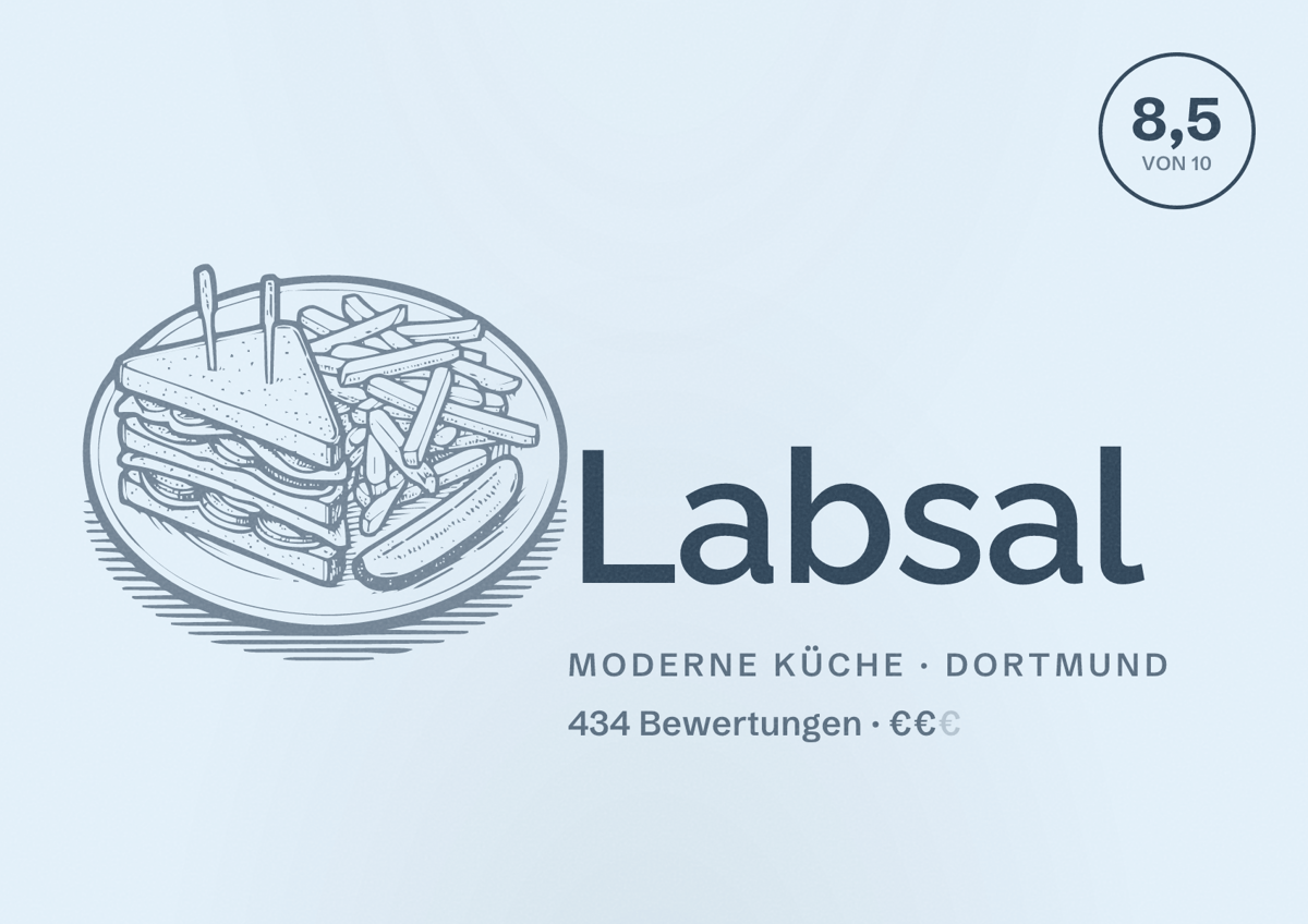 Illustriertes Poster von Labsal, Moderne Küche in Dortmund: Bewertung 8,5 von 10 aus 434 Bewertungen, Preisniveau €€