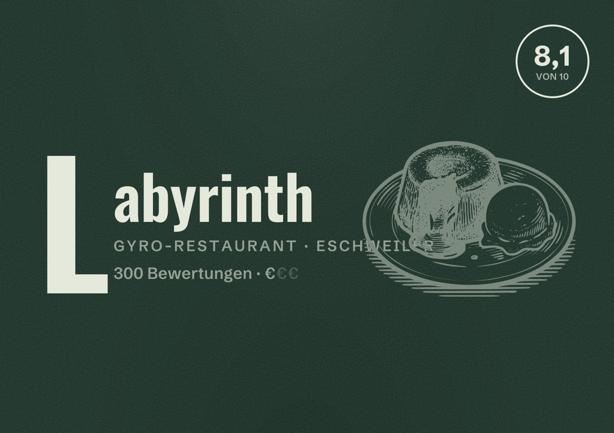 Illustriertes Poster von Labyrinth, Gyro-Restaurant in Eschweiler: Bewertung 8,1 von 10 aus 300 Bewertungen, Preisniveau €