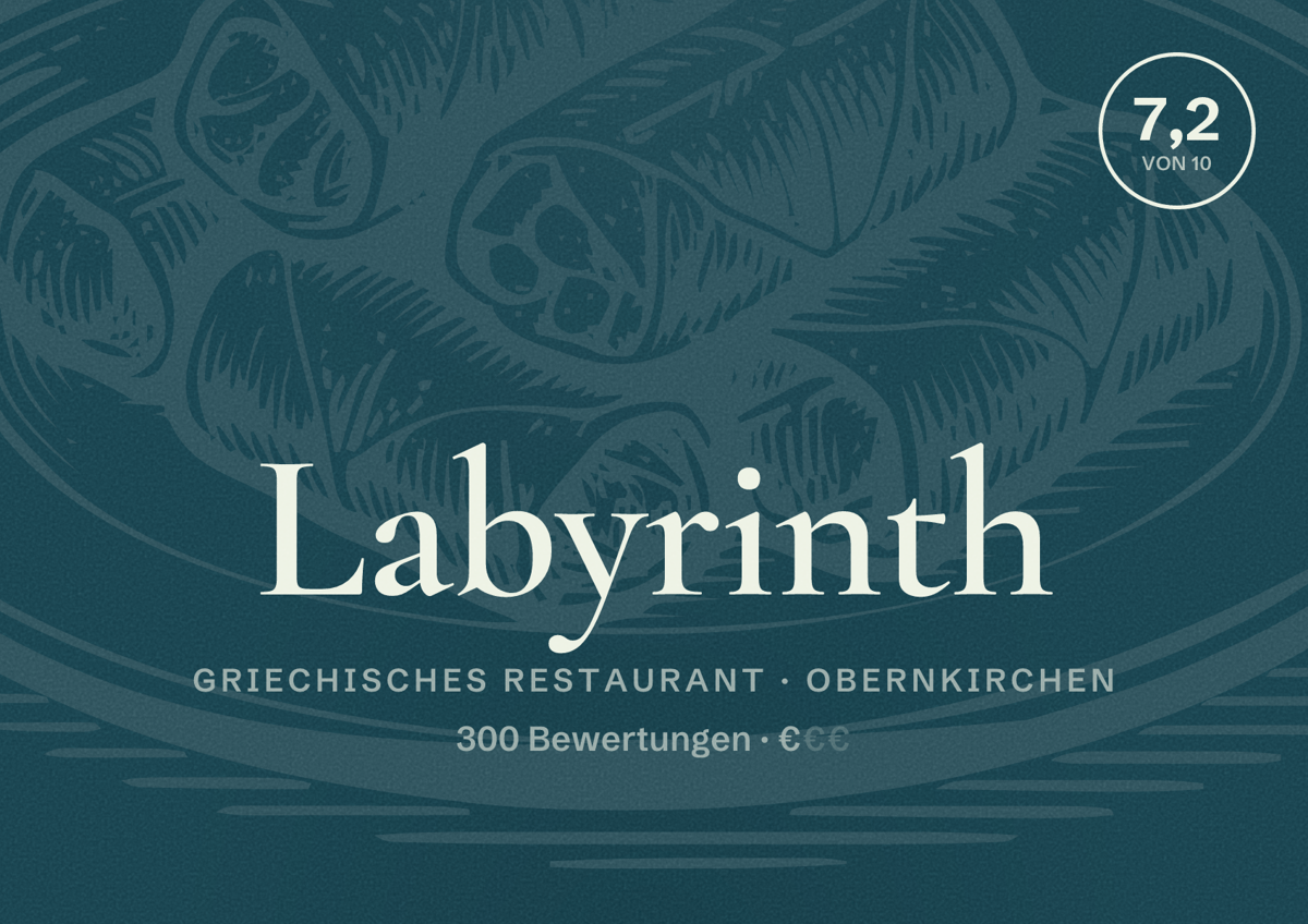 Illustriertes Poster von Labyrinth, Griechisches Restaurant in Obernkirchen: Bewertung 7,2 von 10 aus 300 Bewertungen, Preisniveau €