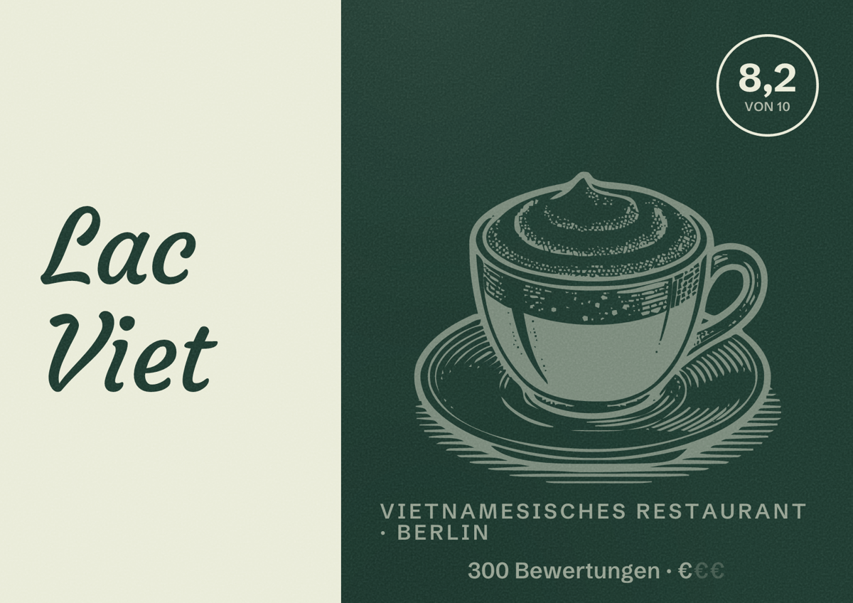 Illustriertes Poster von Lac Viet, Vietnamesisches Restaurant in Berlin: Bewertung 8,2 von 10 aus 300 Bewertungen, Preisniveau €