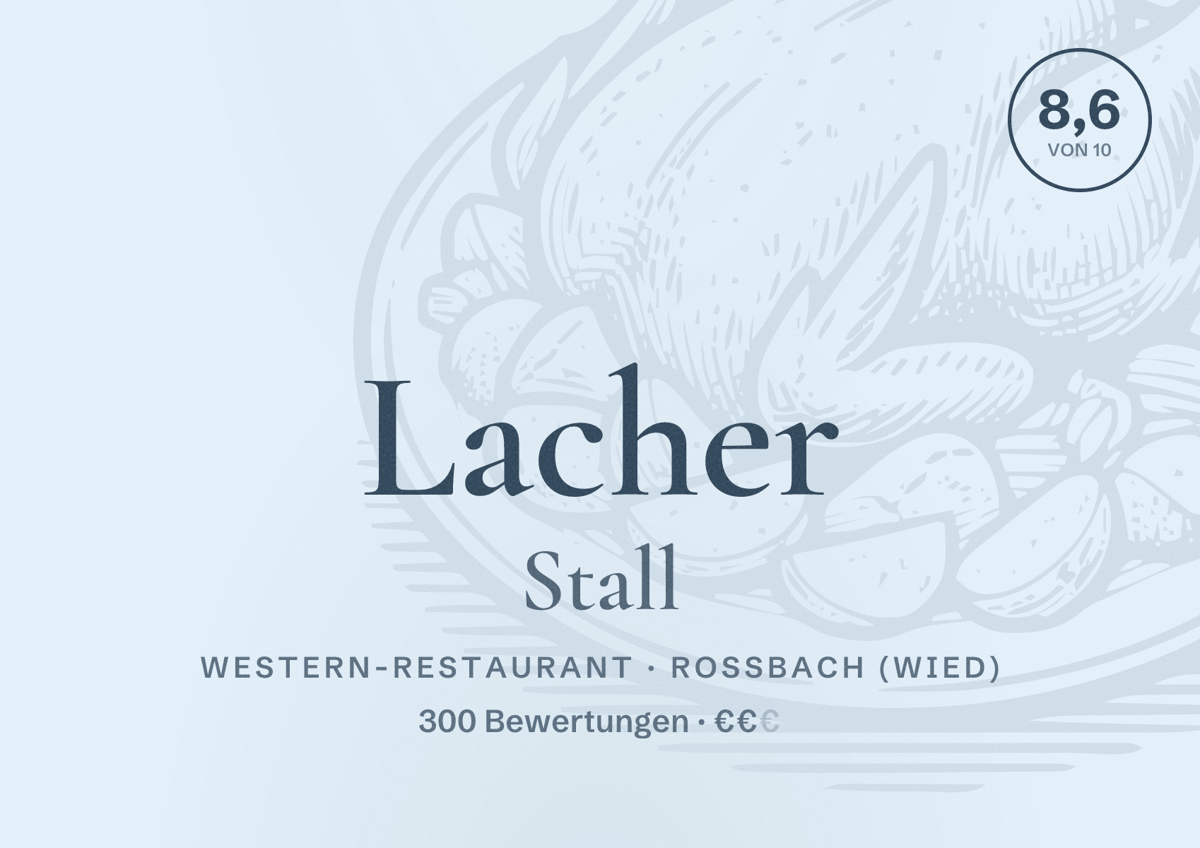 Illustriertes Poster von Lacher Stall, Western-Restaurant in Roßbach (Wied): Bewertung 8,6 von 10 aus 300 Bewertungen, Preisniveau €€