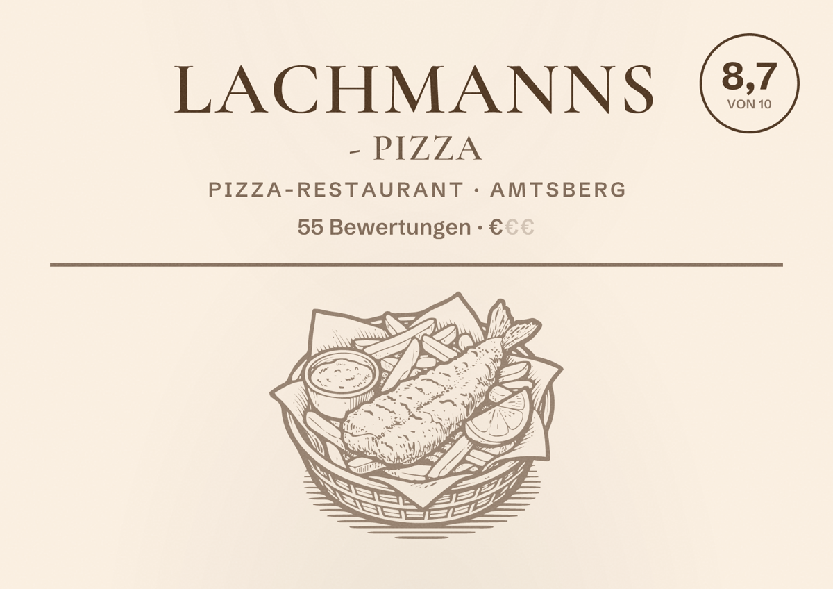 Illustriertes Poster von Lachmanns - Pizza, Pizza-Restaurant in Amtsberg: Bewertung 8,7 von 10 aus 55 Bewertungen, Preisniveau €