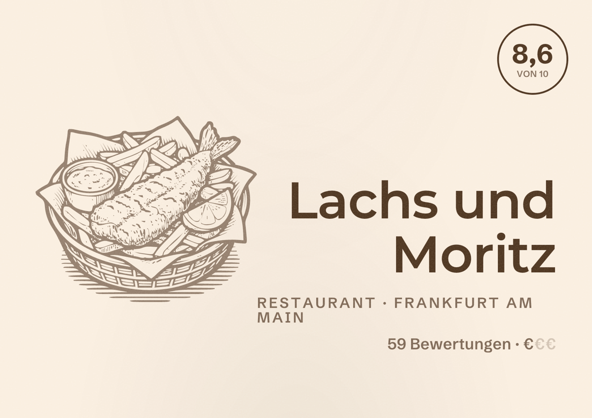 Illustriertes Poster von Lachs und Moritz, Restaurant in Frankfurt am Main: Bewertung 8,6 von 10 aus 59 Bewertungen, Preisniveau €