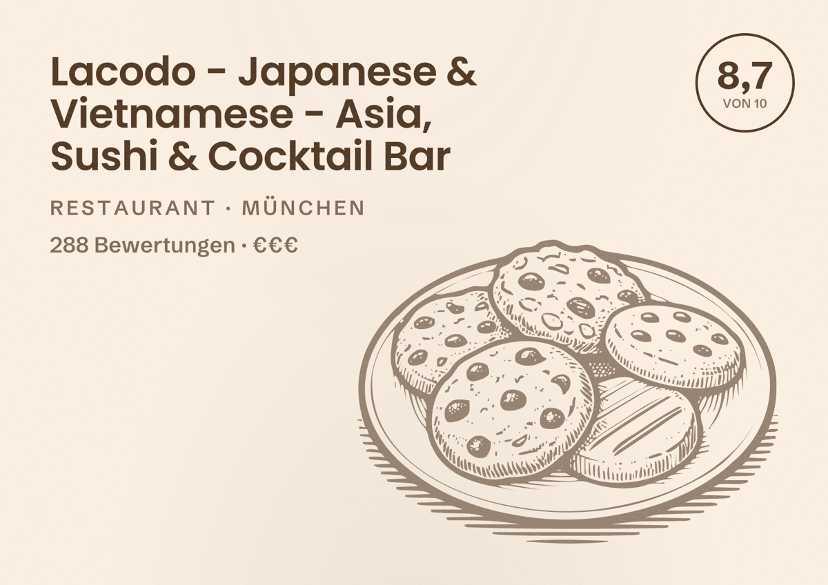 Illustriertes Poster von Lacodo - Japanese & Vietnamese - Asia, Sushi & Cocktail Bar, Restaurant in München: Bewertung 8,7 von 10 aus 288 Bewertungen, Preisniveau €€€