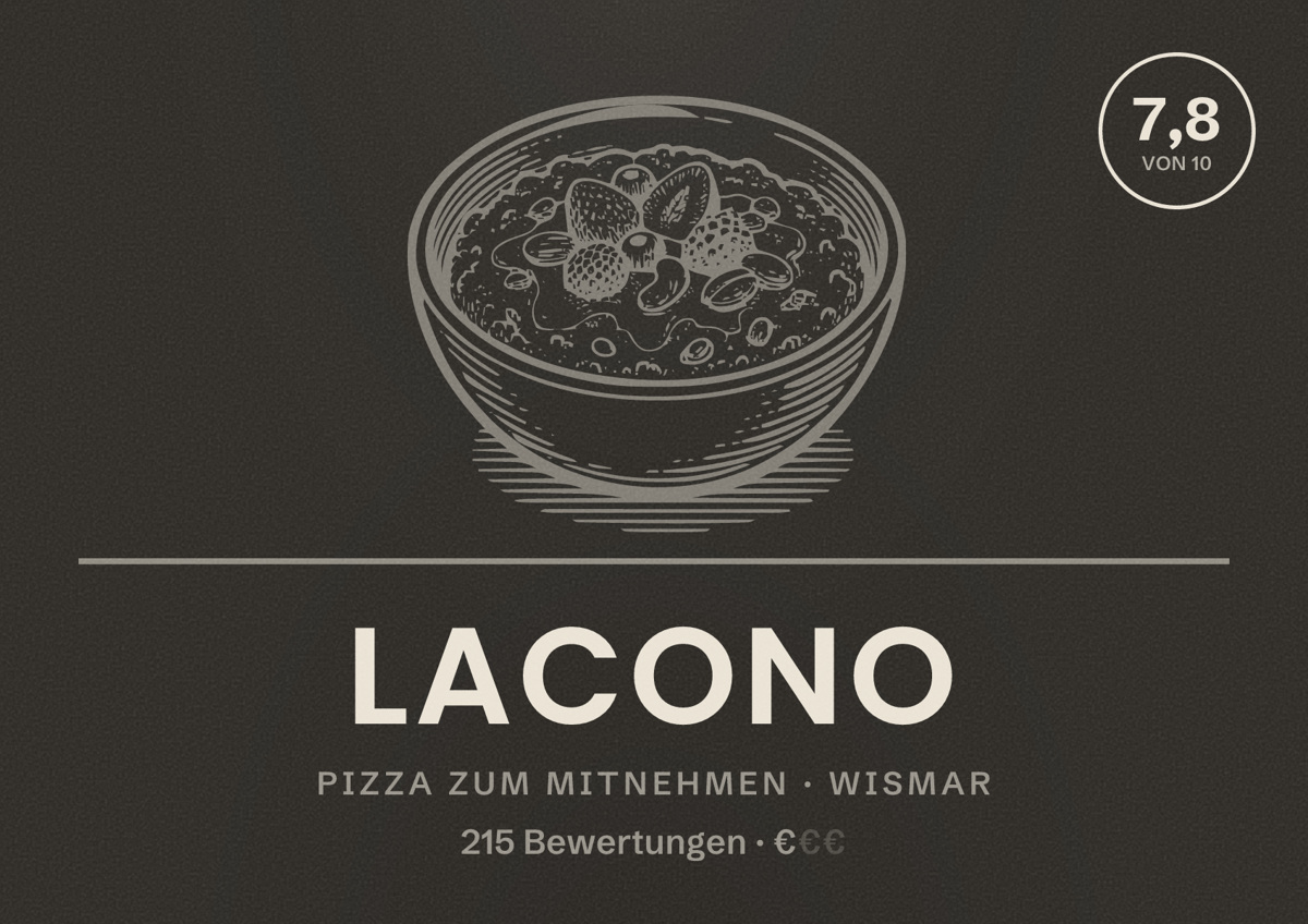 Illustriertes Poster von Lacono, Pizza zum Mitnehmen in Wismar: Bewertung 7,8 von 10 aus 215 Bewertungen, Preisniveau €