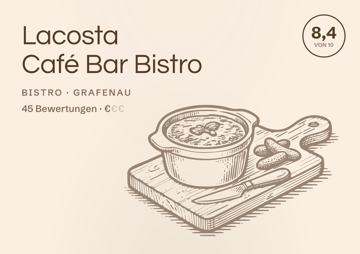 Illustriertes Poster von Lacosta Café Bar Bistro, Bistro in Grafenau: Bewertung 8,4 von 10 aus 45 Bewertungen, Preisniveau €