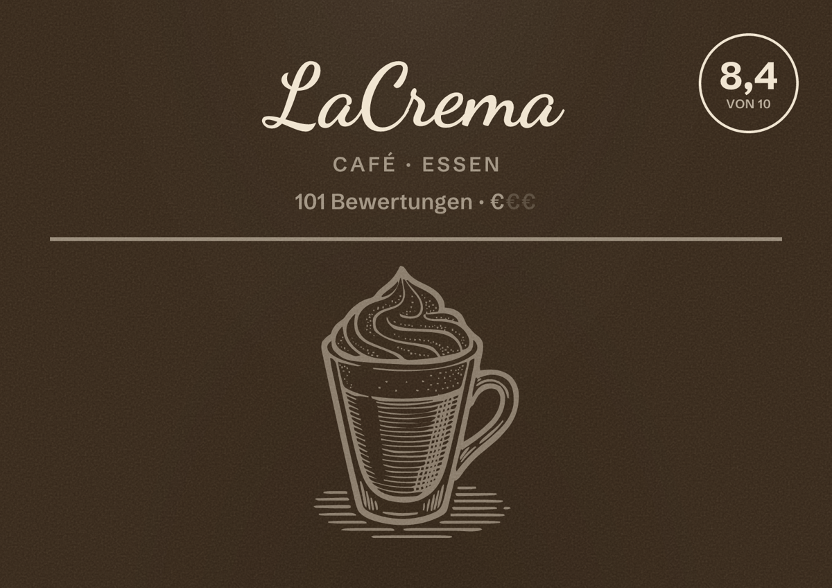Illustriertes Poster von LaCrema, Café in Essen: Bewertung 8,4 von 10 aus 101 Bewertungen, Preisniveau €