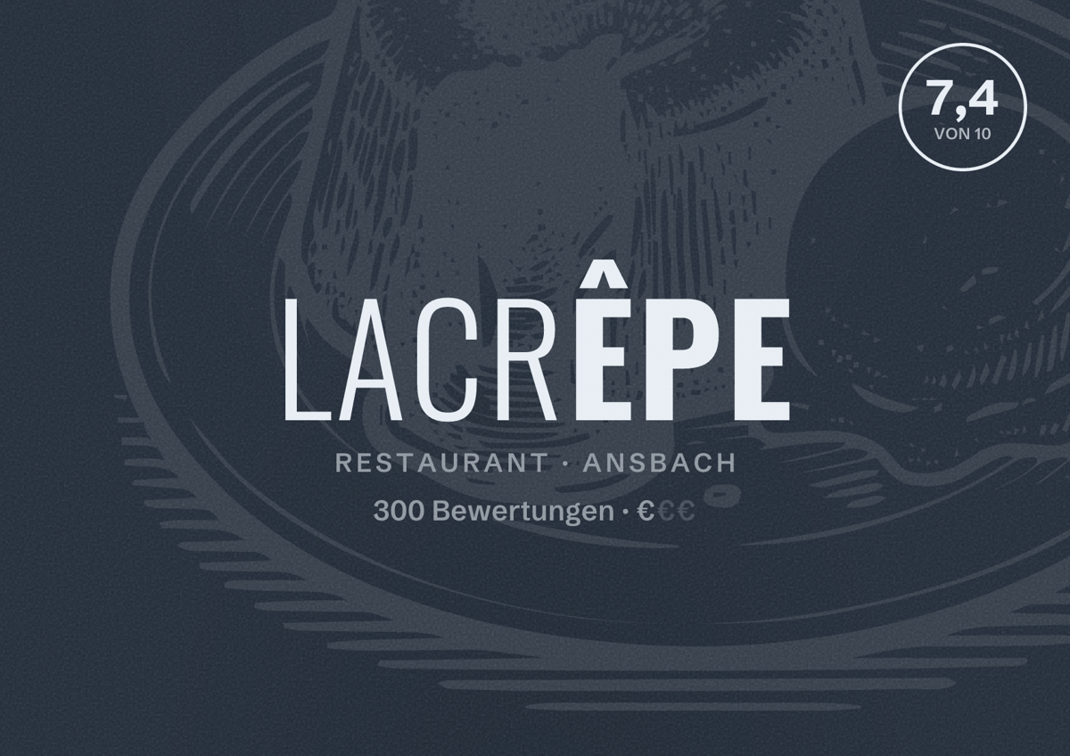 Illustriertes Poster von LaCrêpe, Restaurant in Ansbach: Bewertung 7,4 von 10 aus 300 Bewertungen, Preisniveau €