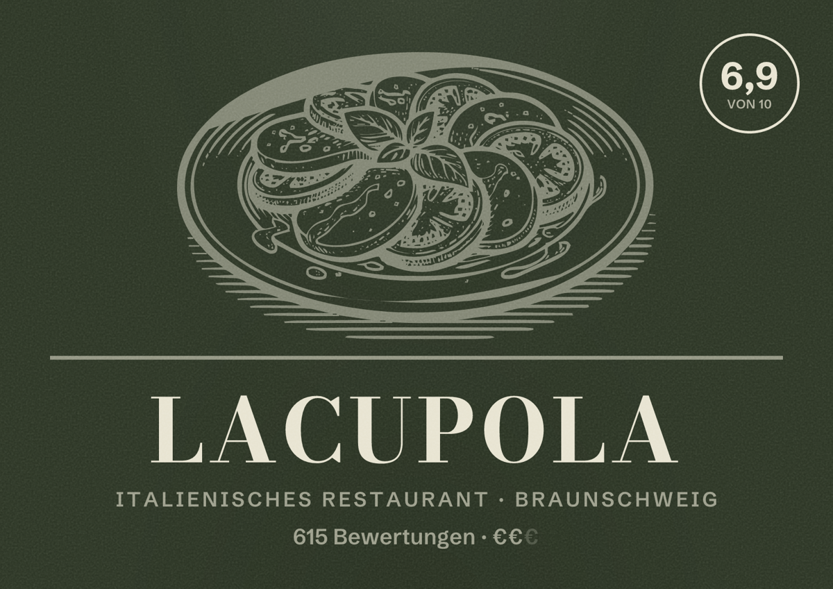 Illustriertes Poster von LaCupola, Italienisches Restaurant in Braunschweig: Bewertung 6,9 von 10 aus 615 Bewertungen, Preisniveau €€