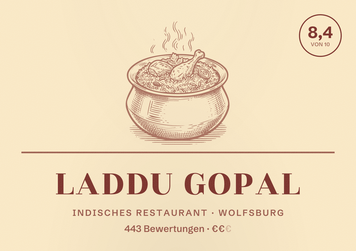 Illustriertes Poster von Laddu Gopal, Indisches Restaurant in Wolfsburg: Bewertung 8,4 von 10 aus 443 Bewertungen, Preisniveau €€