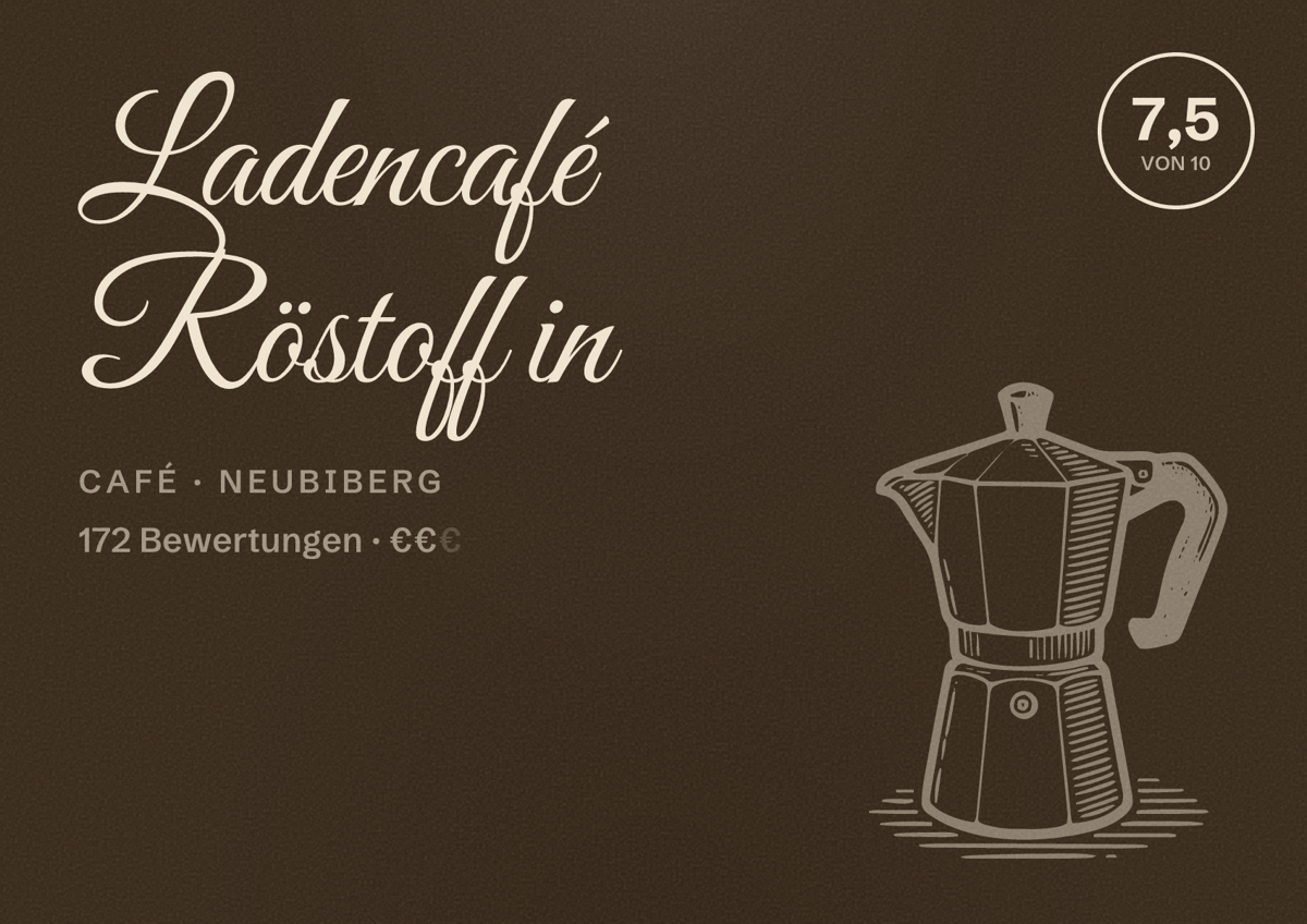 Illustriertes Poster von Ladencafé Röstoff in, Café in Neubiberg: Bewertung 7,5 von 10 aus 172 Bewertungen, Preisniveau €€
