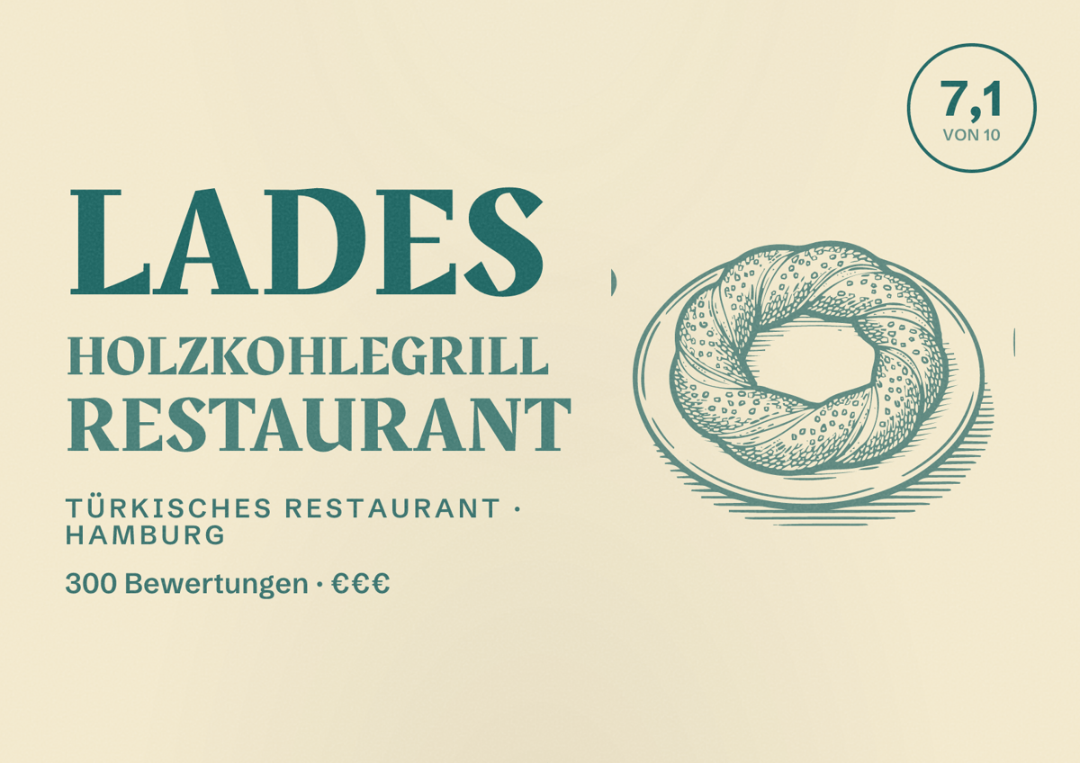 Illustriertes Poster von Lades Holzkohlegrill Restaurant, Türkisches Restaurant in Hamburg: Bewertung 7,1 von 10 aus 300 Bewertungen, Preisniveau €€€