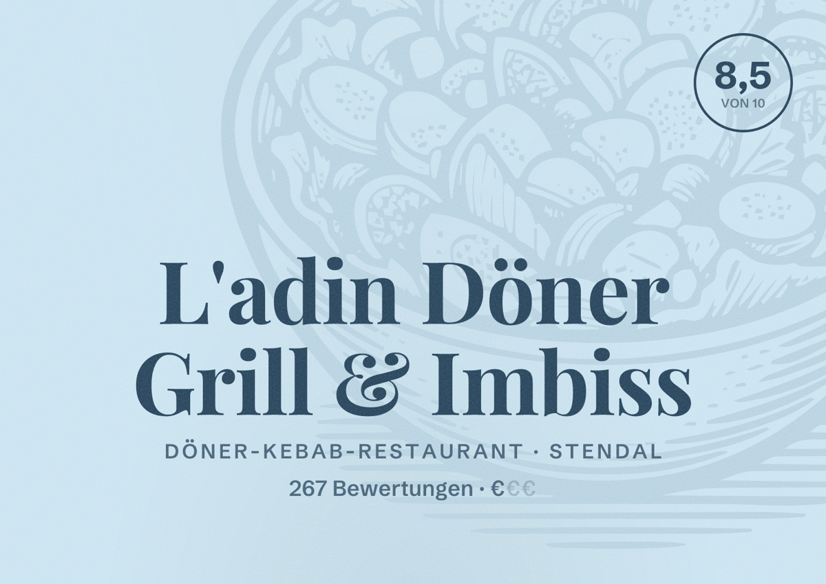 Illustriertes Poster von L'adin Döner Grill & Imbiss, Döner-Kebab-Restaurant in Stendal: Bewertung 8,5 von 10 aus 267 Bewertungen, Preisniveau €