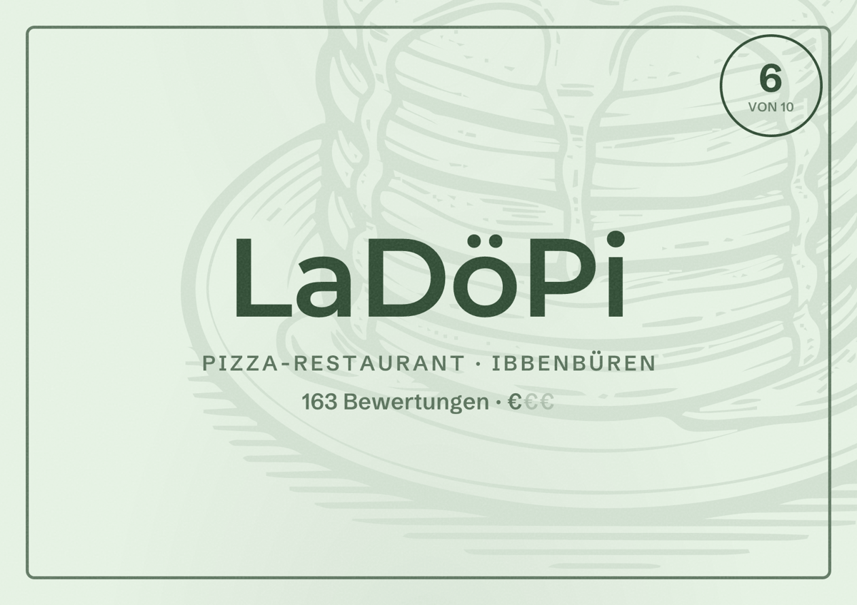 Illustriertes Poster von LaDöPi, Pizza-Restaurant in Ibbenbüren: Bewertung 6 von 10 aus 163 Bewertungen, Preisniveau €