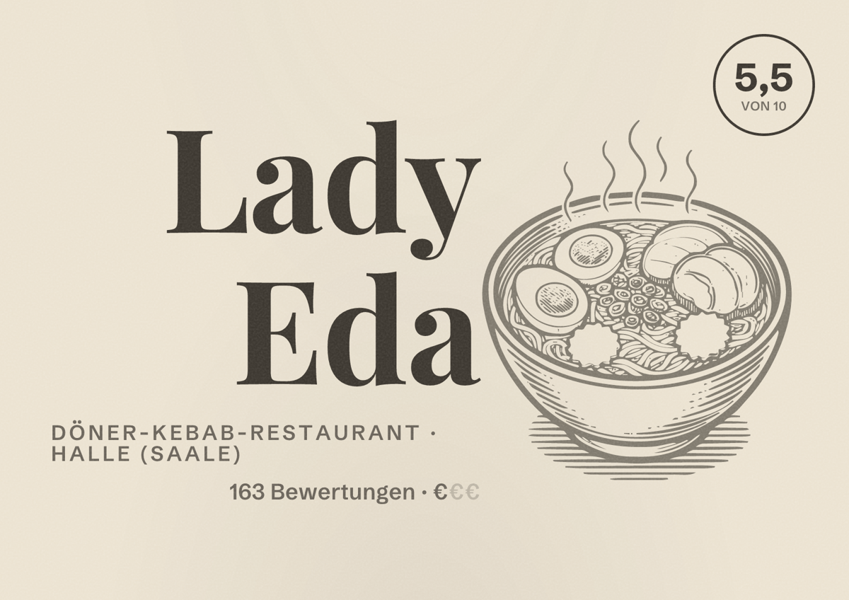 Illustriertes Poster von Lady Eda, Döner-Kebab-Restaurant in Halle (Saale): Bewertung 5,5 von 10 aus 163 Bewertungen, Preisniveau €