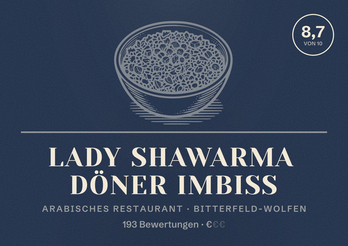 Illustriertes Poster von LADY SHAWARMA Döner Imbiss, Arabisches Restaurant in Bitterfeld-Wolfen: Bewertung 8,7 von 10 aus 193 Bewertungen, Preisniveau €