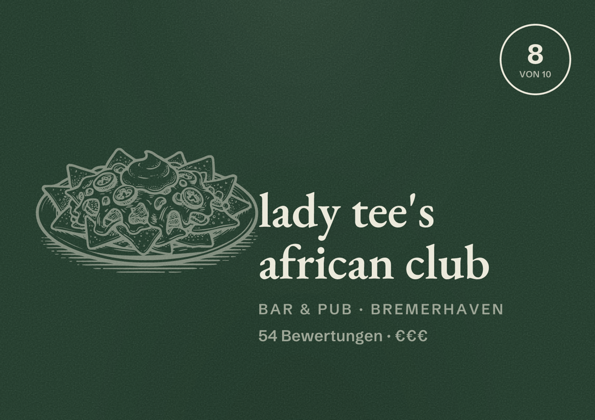 Illustriertes Poster von lady tee's african club, Bar & Pub in Bremerhaven: Bewertung 8 von 10 aus 54 Bewertungen, Preisniveau €€€