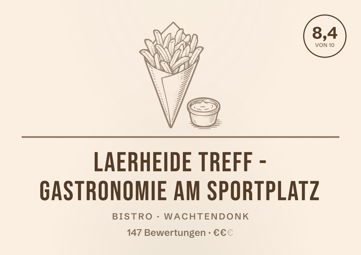 Illustriertes Poster von Laerheide Treff - Gastronomie am Sportplatz, Bistro in Wachtendonk: Bewertung 8,4 von 10 aus 147 Bewertungen, Preisniveau €€