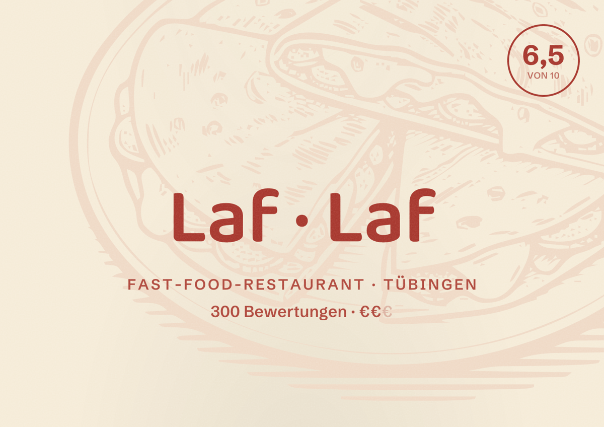 Illustriertes Poster von Laf Laf, Fast-Food-Restaurant in Tübingen: Bewertung 6,5 von 10 aus 300 Bewertungen, Preisniveau €€