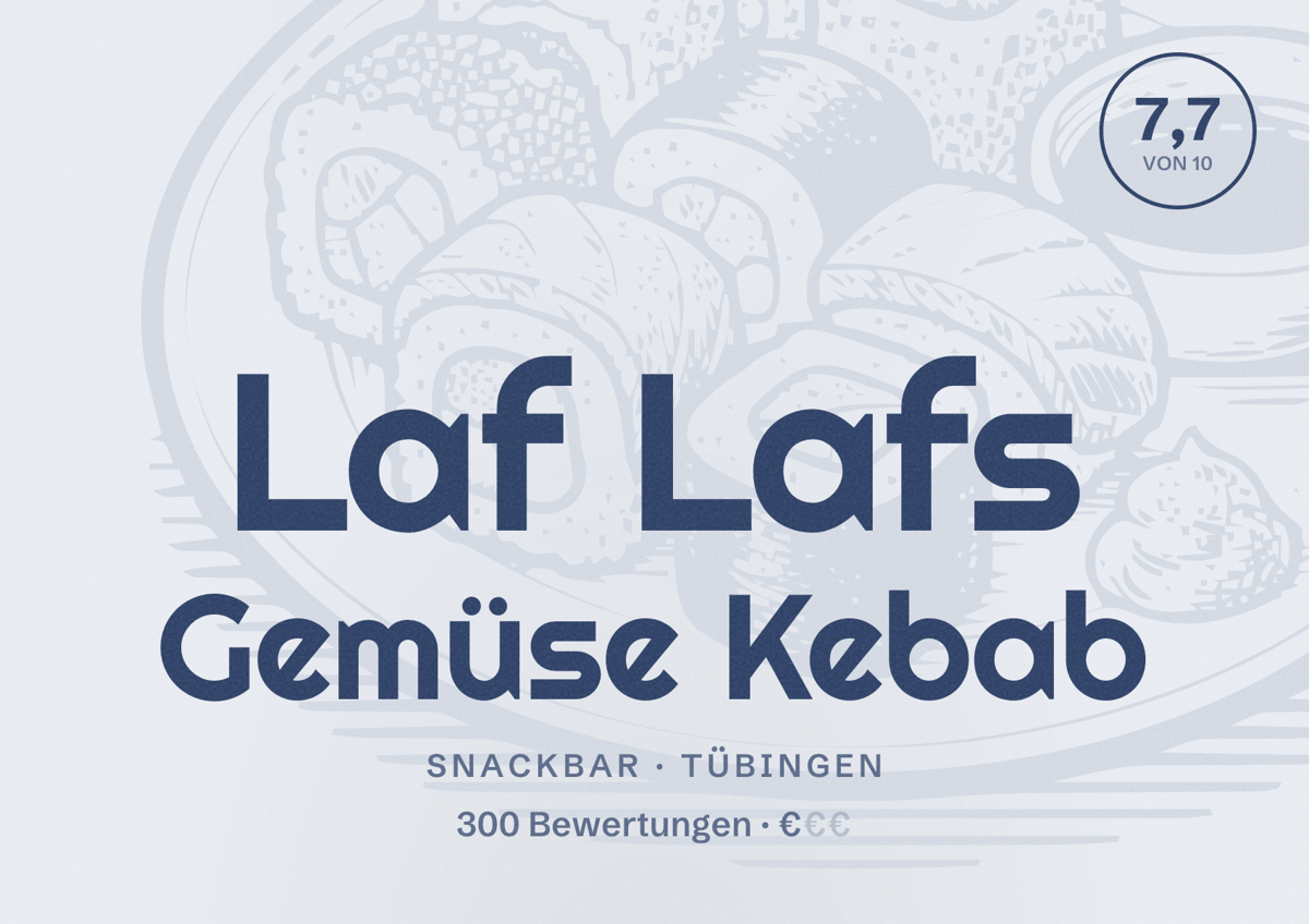 Illustriertes Poster von Laf Lafs Gemüse Kebab, Snackbar in Tübingen: Bewertung 7,7 von 10 aus 300 Bewertungen, Preisniveau €
