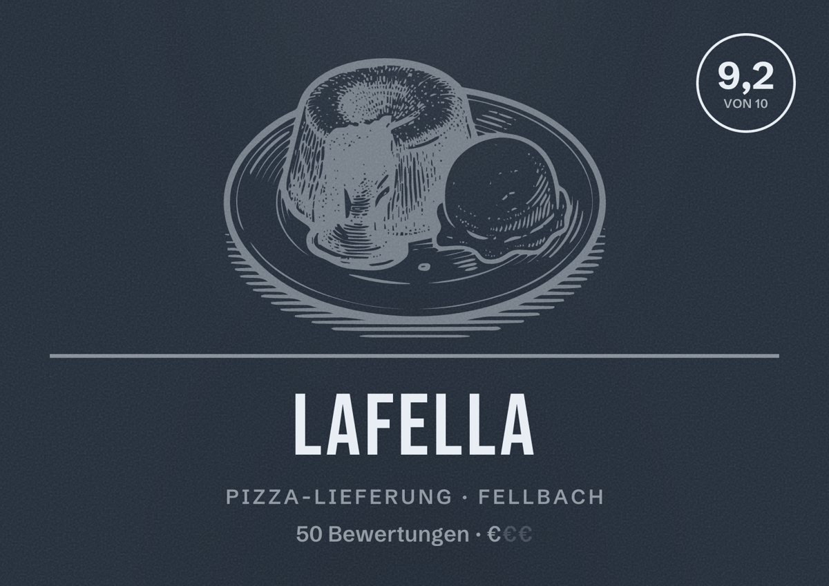 Illustriertes Poster von LAFELLA, Pizza-Lieferung in Fellbach: Bewertung 9,2 von 10 aus 50 Bewertungen, Preisniveau €