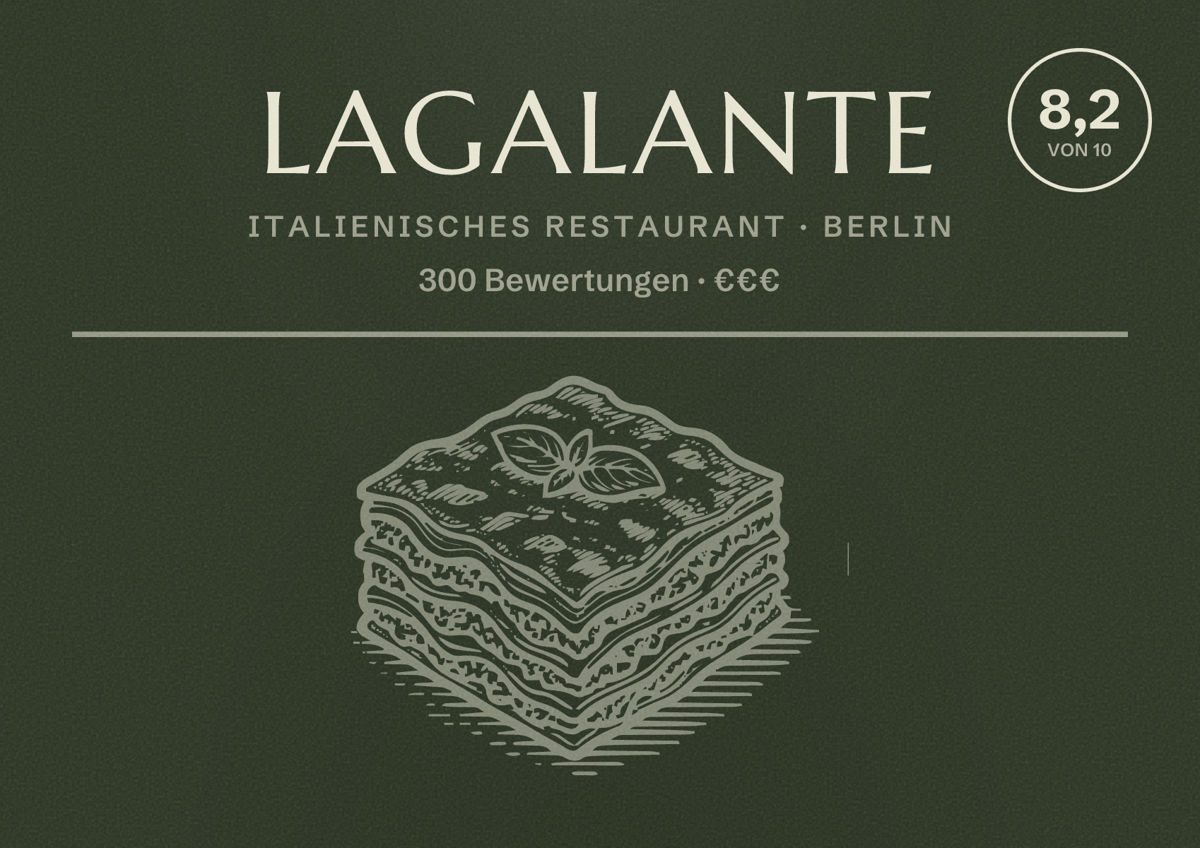 Illustriertes Poster von Lagalante, Italienisches Restaurant in Berlin: Bewertung 8,2 von 10 aus 300 Bewertungen, Preisniveau €€€
