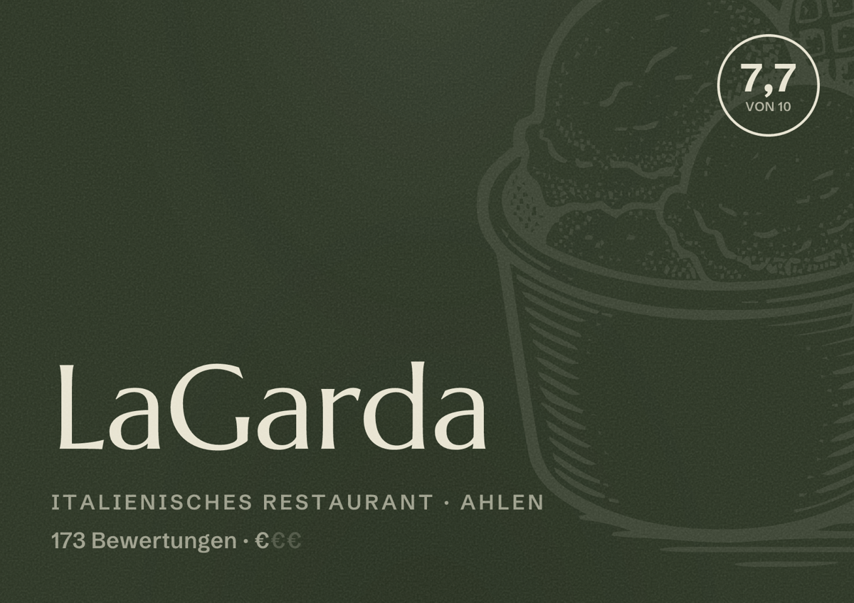 Illustriertes Poster von LaGarda, Italienisches Restaurant in Ahlen: Bewertung 7,7 von 10 aus 173 Bewertungen, Preisniveau €