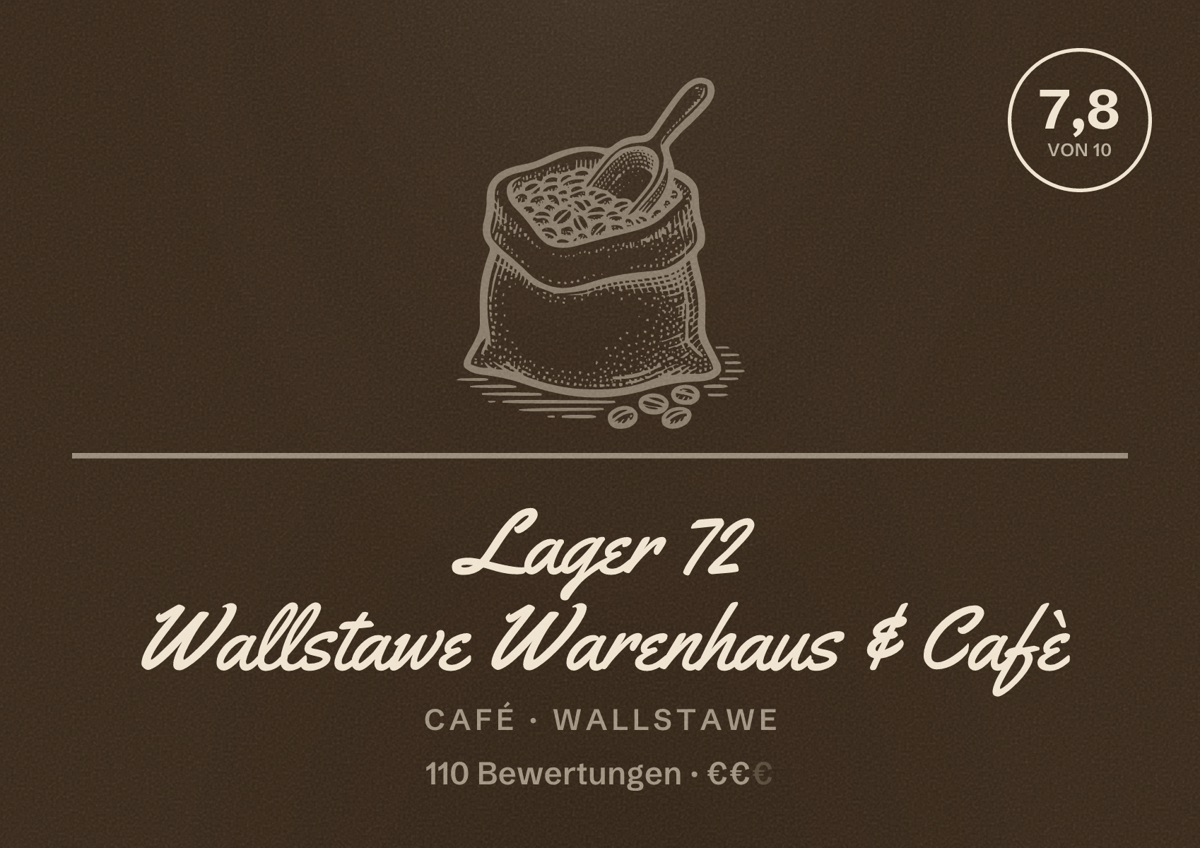 Illustriertes Poster von Lager 72 Wallstawe Warenhaus & Cafè, Café in Wallstawe: Bewertung 7,8 von 10 aus 110 Bewertungen, Preisniveau €€