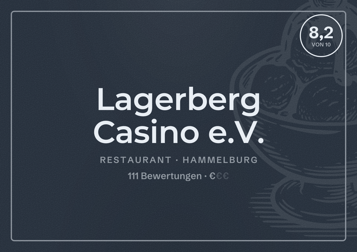 Illustriertes Poster von Lagerberg Casino e.V., Restaurant in Hammelburg: Bewertung 8,2 von 10 aus 111 Bewertungen, Preisniveau €