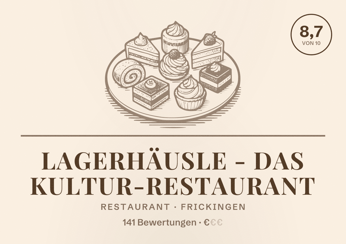 Illustriertes Poster von Lagerhäusle - Das Kultur-Restaurant, Restaurant in Frickingen: Bewertung 8,7 von 10 aus 141 Bewertungen, Preisniveau €