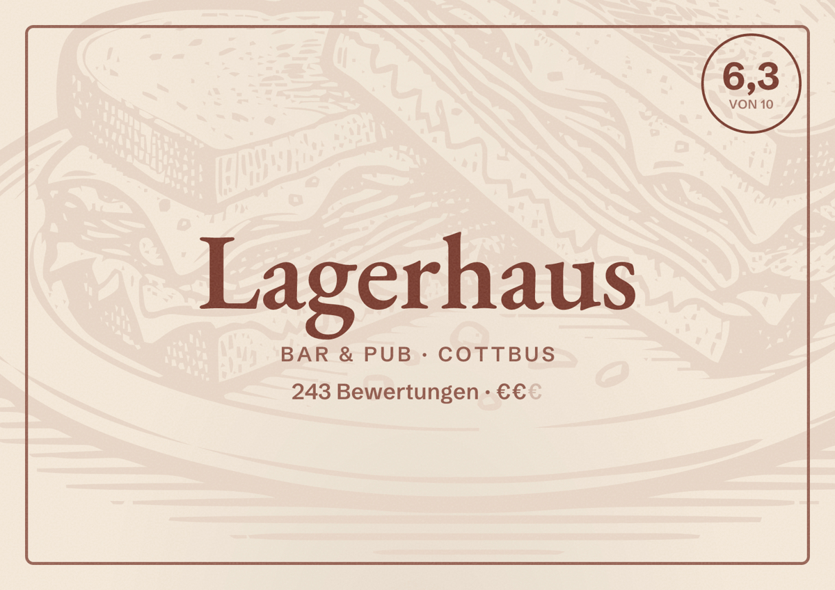 Illustriertes Poster von Lagerhaus, Bar & Pub in Cottbus: Bewertung 6,3 von 10 aus 243 Bewertungen, Preisniveau €€
