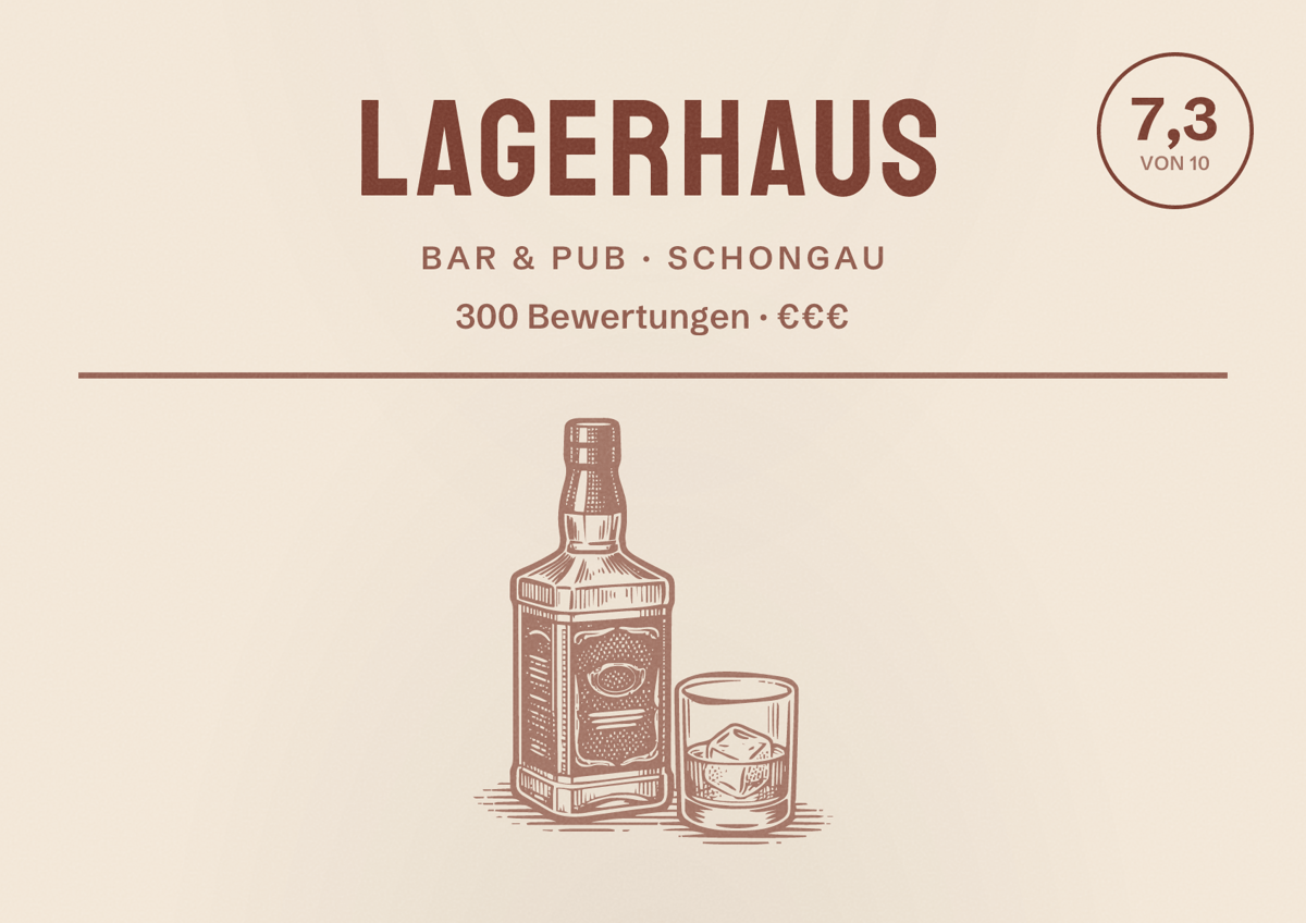 Illustriertes Poster von Lagerhaus, Bar & Pub in Schongau: Bewertung 7,3 von 10 aus 300 Bewertungen, Preisniveau €€€