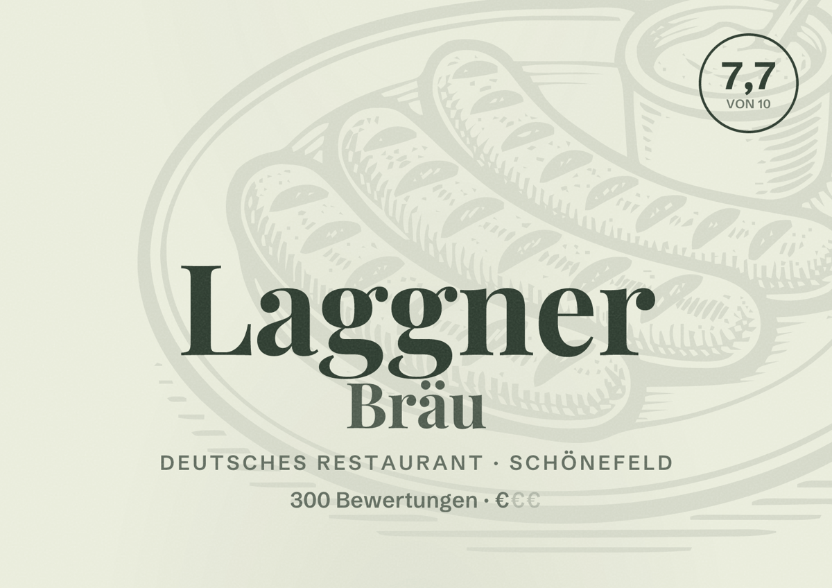 Illustriertes Poster von Laggner Bräu, Deutsches Restaurant in Schönefeld: Bewertung 7,7 von 10 aus 300 Bewertungen, Preisniveau €