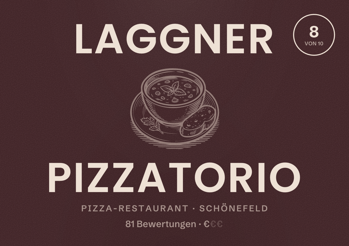 Illustriertes Poster von Laggner Pizzatorio, Pizza-Restaurant in Schönefeld: Bewertung 8 von 10 aus 81 Bewertungen, Preisniveau €