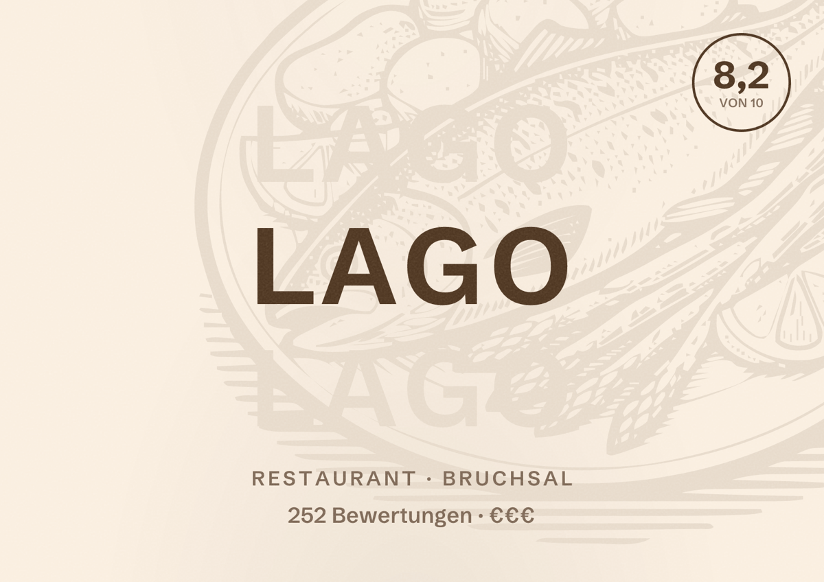 Illustriertes Poster von lago, Restaurant in Bruchsal: Bewertung 8,2 von 10 aus 252 Bewertungen, Preisniveau €€€