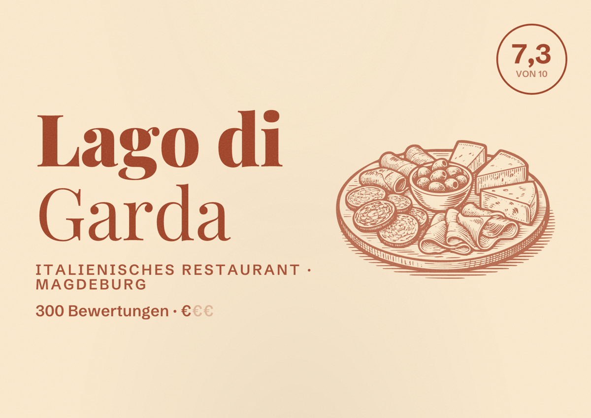 Illustriertes Poster von Lago di Garda, Italienisches Restaurant in Magdeburg: Bewertung 7,3 von 10 aus 300 Bewertungen, Preisniveau €