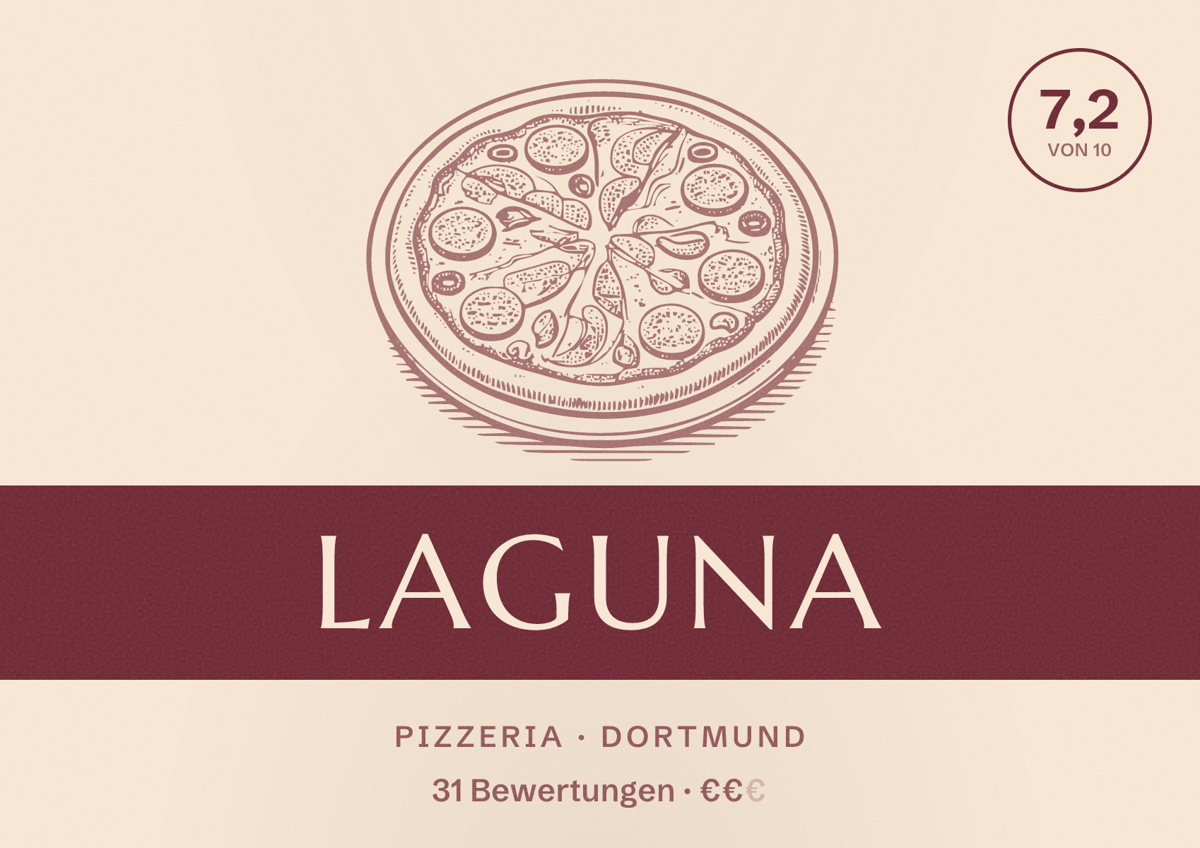 Illustriertes Poster von Laguna, Pizzeria in Dortmund: Bewertung 7,2 von 10 aus 31 Bewertungen, Preisniveau €€