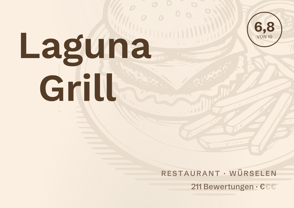 Illustriertes Poster von Laguna Grill, Restaurant in Würselen: Bewertung 6,8 von 10 aus 211 Bewertungen, Preisniveau €