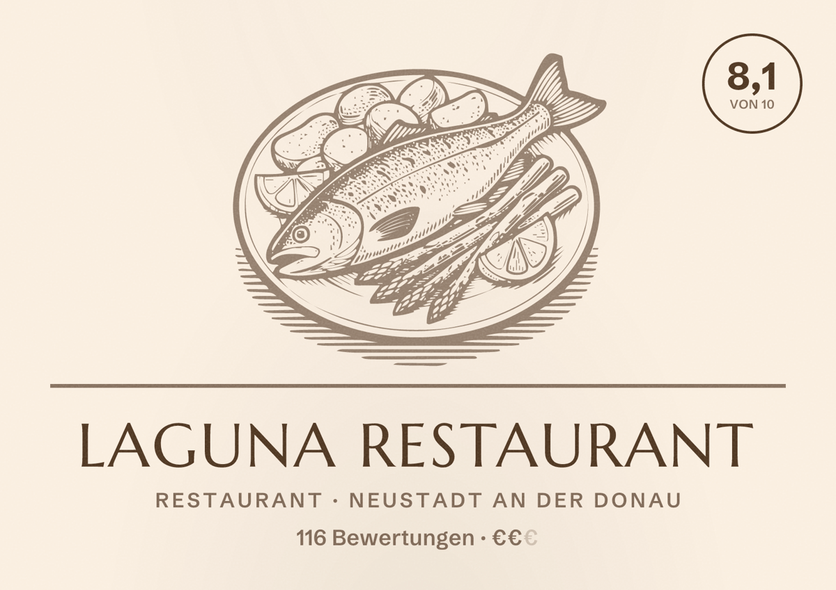 Illustriertes Poster von Laguna Restaurant, Restaurant in Neustadt an der Donau: Bewertung 8,1 von 10 aus 116 Bewertungen, Preisniveau €€