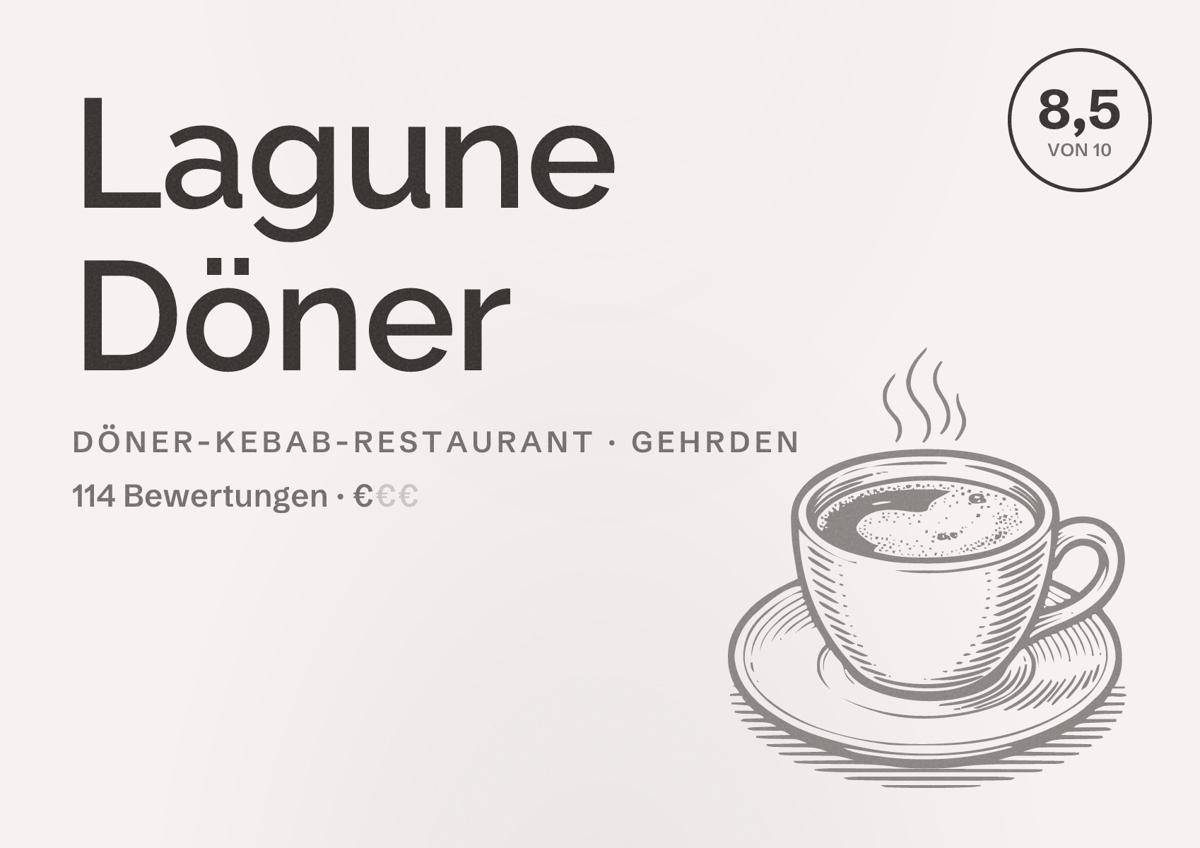 Illustriertes Poster von Lagune Döner, Döner-Kebab-Restaurant in Gehrden: Bewertung 8,5 von 10 aus 114 Bewertungen, Preisniveau €
