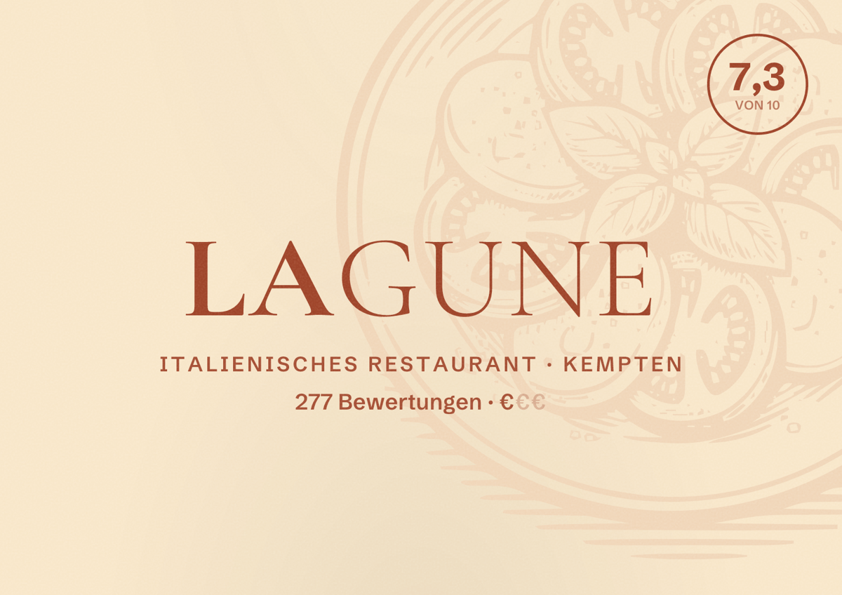 Illustriertes Poster von Lagune, Italienisches Restaurant in Kempten: Bewertung 7,3 von 10 aus 277 Bewertungen, Preisniveau €