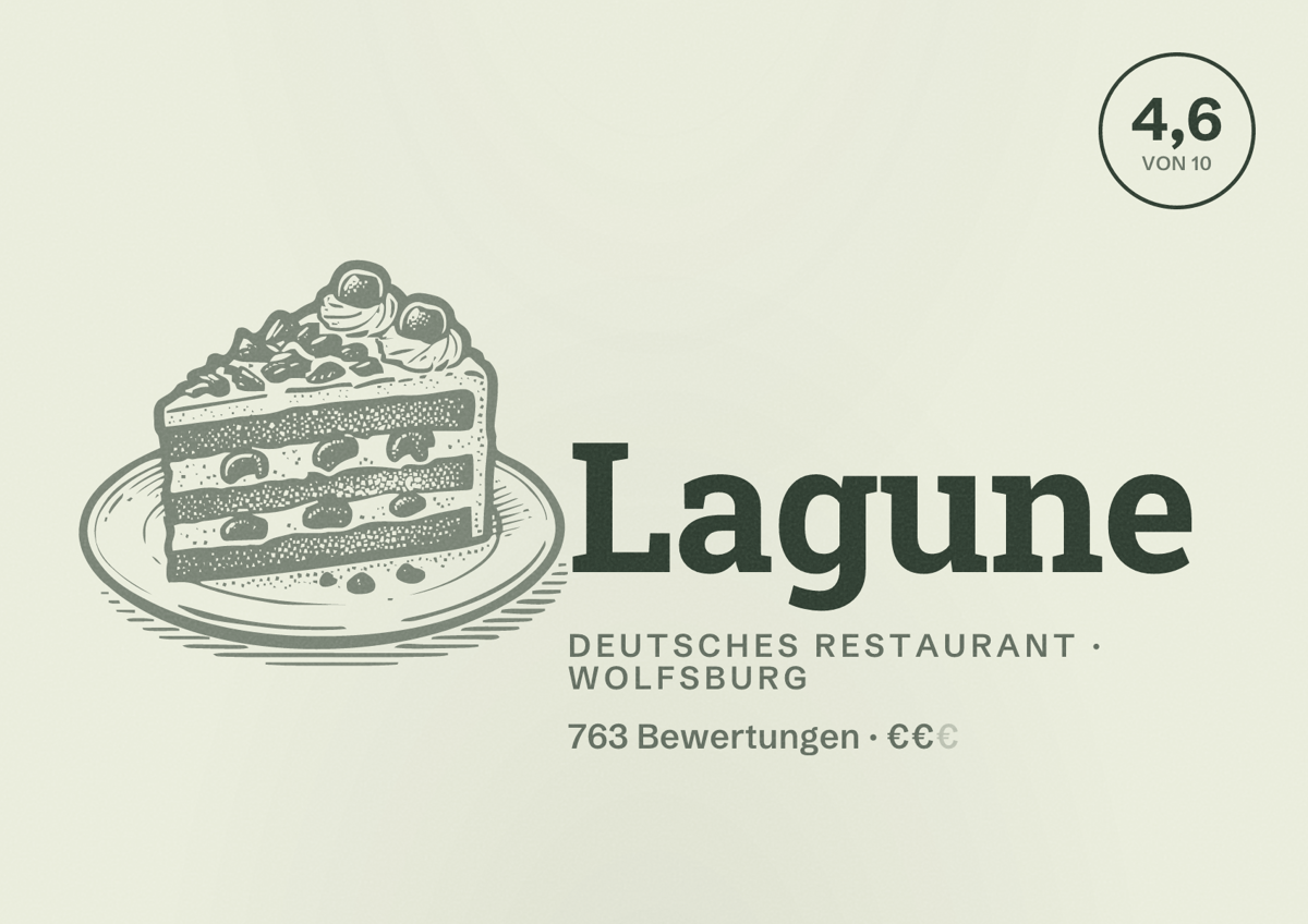 Illustriertes Poster von Lagune, Deutsches Restaurant in Wolfsburg: Bewertung 4,6 von 10 aus 763 Bewertungen, Preisniveau €€