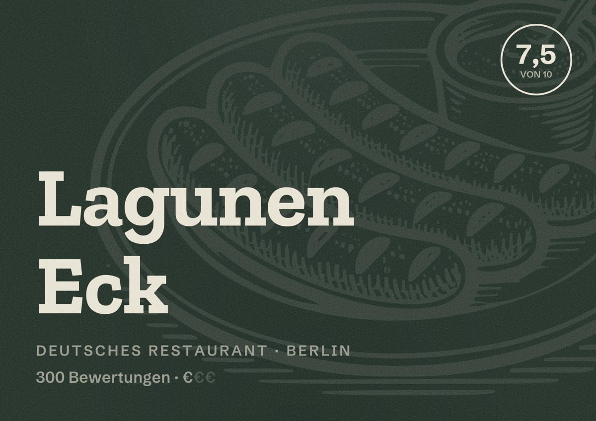 Illustriertes Poster von Lagunen Eck, Deutsches Restaurant in Berlin: Bewertung 7,5 von 10 aus 300 Bewertungen, Preisniveau €