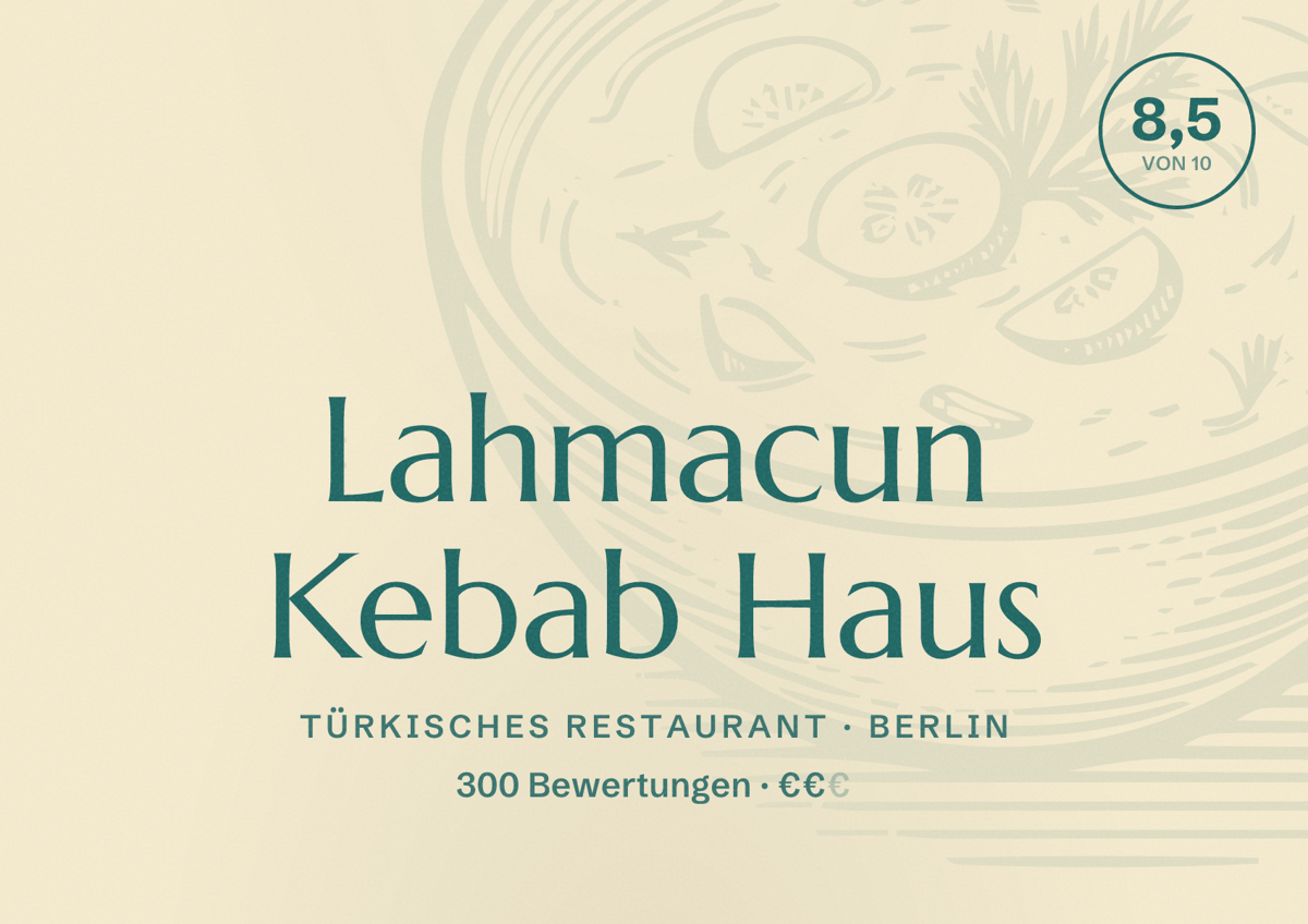 Illustriertes Poster von Lahmacun Kebab Haus, Türkisches Restaurant in Berlin: Bewertung 8,5 von 10 aus 300 Bewertungen, Preisniveau €€