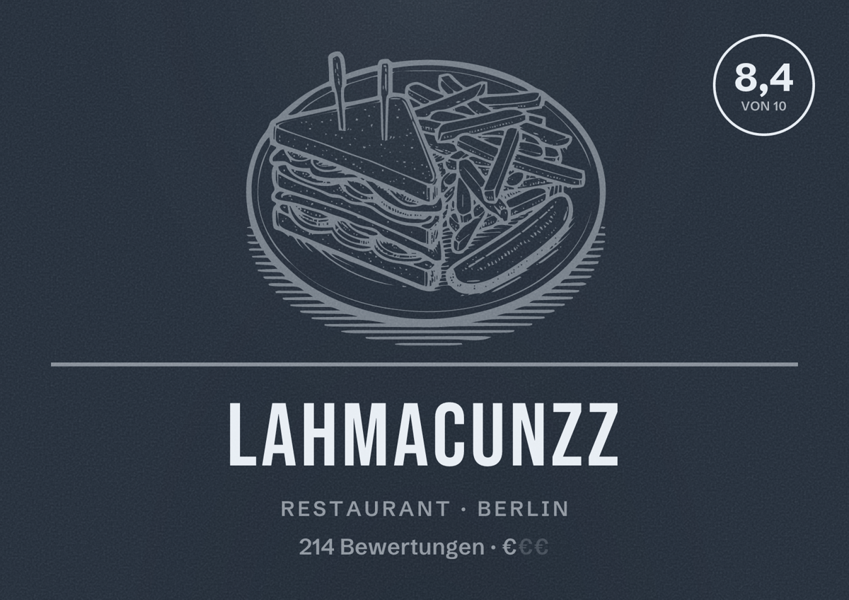 Illustriertes Poster von Lahmacunzz, Restaurant in Berlin: Bewertung 8,4 von 10 aus 214 Bewertungen, Preisniveau €