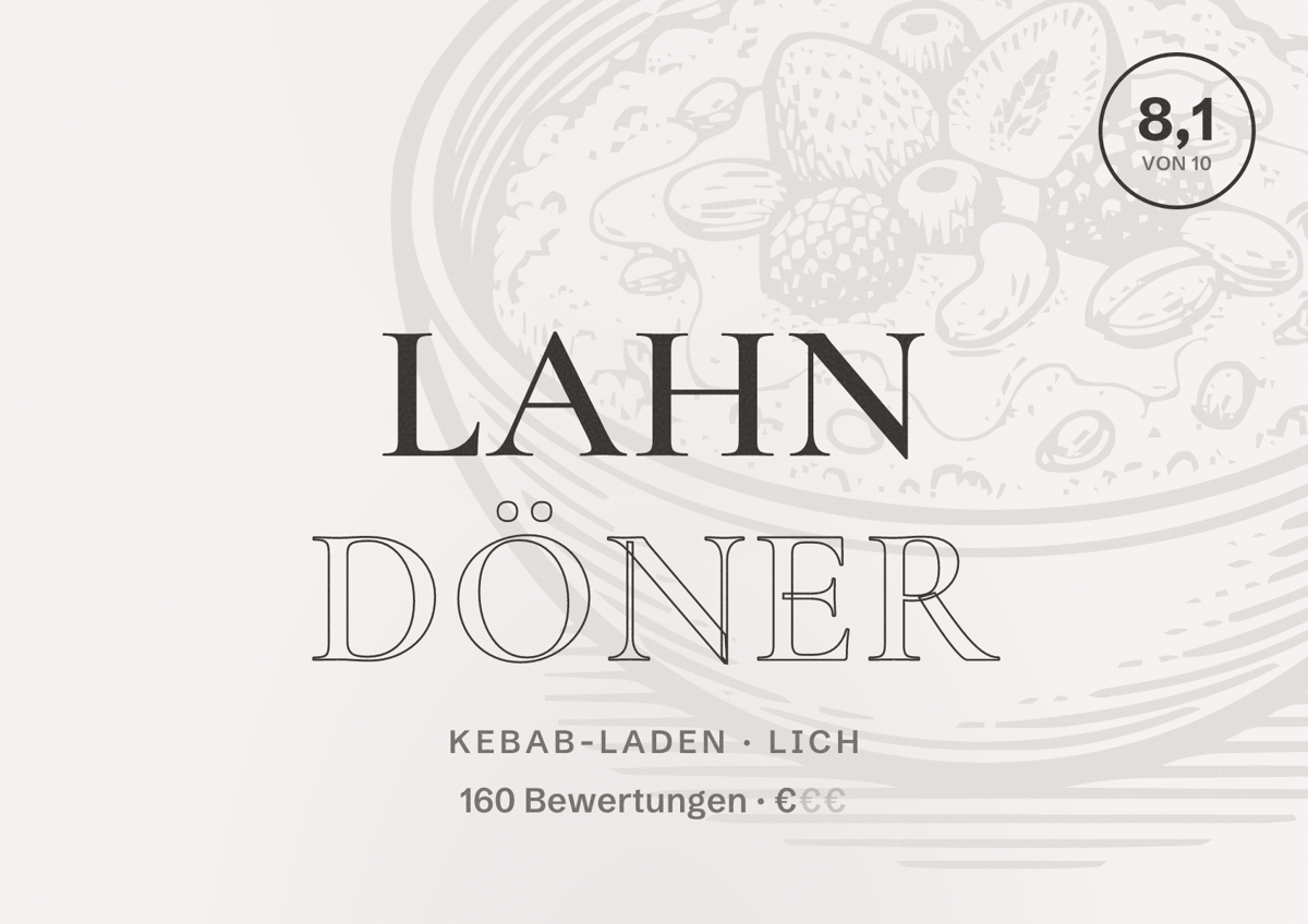 Illustriertes Poster von Lahn Döner, Kebab-Laden in Lich: Bewertung 8,1 von 10 aus 160 Bewertungen, Preisniveau €