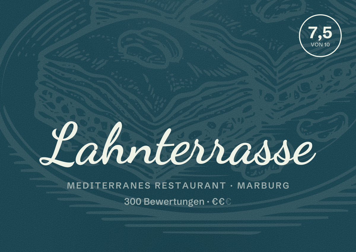 Illustriertes Poster von Lahnterrasse, Mediterranes Restaurant in Marburg: Bewertung 7,5 von 10 aus 300 Bewertungen, Preisniveau €€