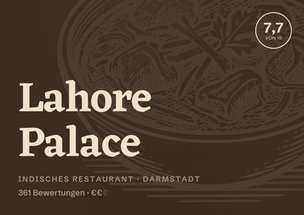 Illustriertes Poster von Lahore Palace, Indisches Restaurant in Darmstadt: Bewertung 7,7 von 10 aus 361 Bewertungen, Preisniveau €€