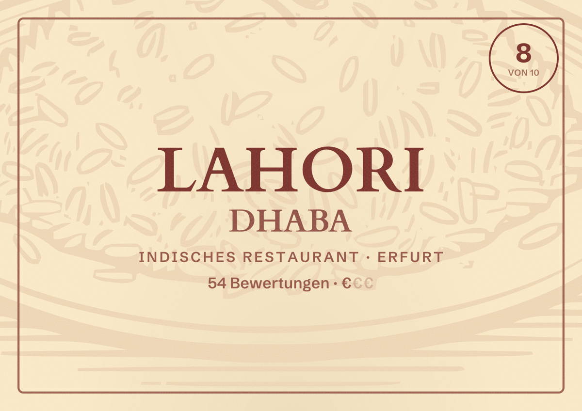 Illustriertes Poster von LAHORI DHABA, Indisches Restaurant in Erfurt: Bewertung 8 von 10 aus 54 Bewertungen, Preisniveau €